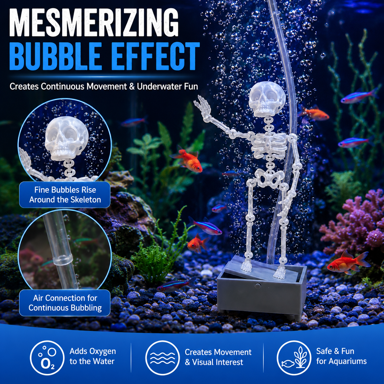 Halloween Dancing Skeleton Aquarium Decoration, Bubble-Activated Moving Fish Tank Ornament with Airflow Control Valve