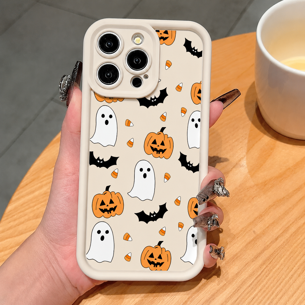 Halloween Ghost Pumpkin Bow Pattern Phone Case, Shockproof Drop-Resistant Protective Cover for iPhone 11–16 Series