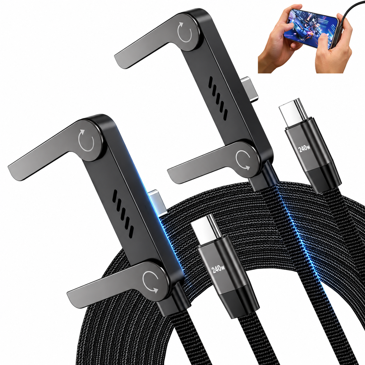 2-in-1 Fast Charging Cable with Hidden Phone Stand, Up to 240W Fast Charging, Foldable Adjustable Stand for Gaming, Office & Travel