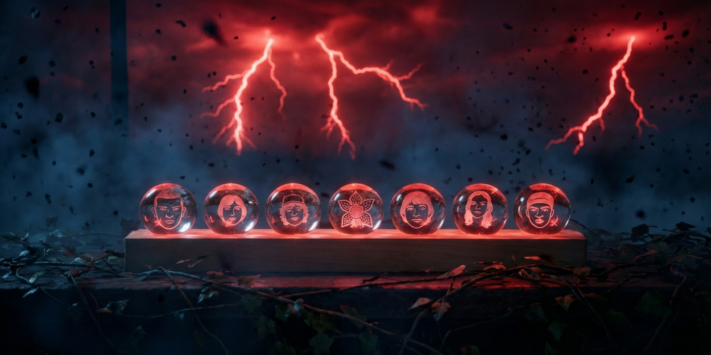 Stranger Things Night Light - 3D Laser Engraved Crystal Ball Set with LED Wood Base, Upside Down Inspired Desktop Decor, Premium Sci-Fi Gift for Fans & Collectors