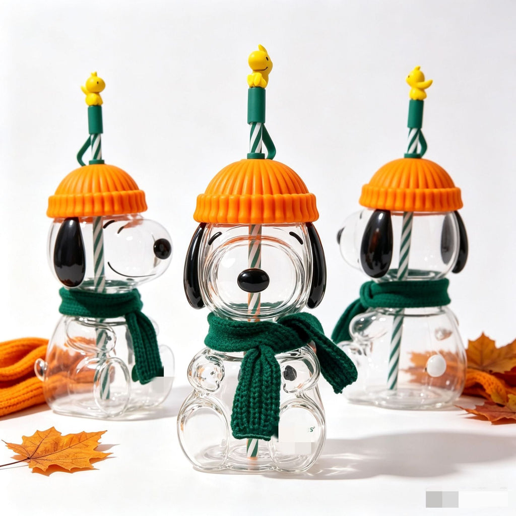 Cartoon Puppy Figurine Glass Tumbler with Straw – High Borosilicate Cup