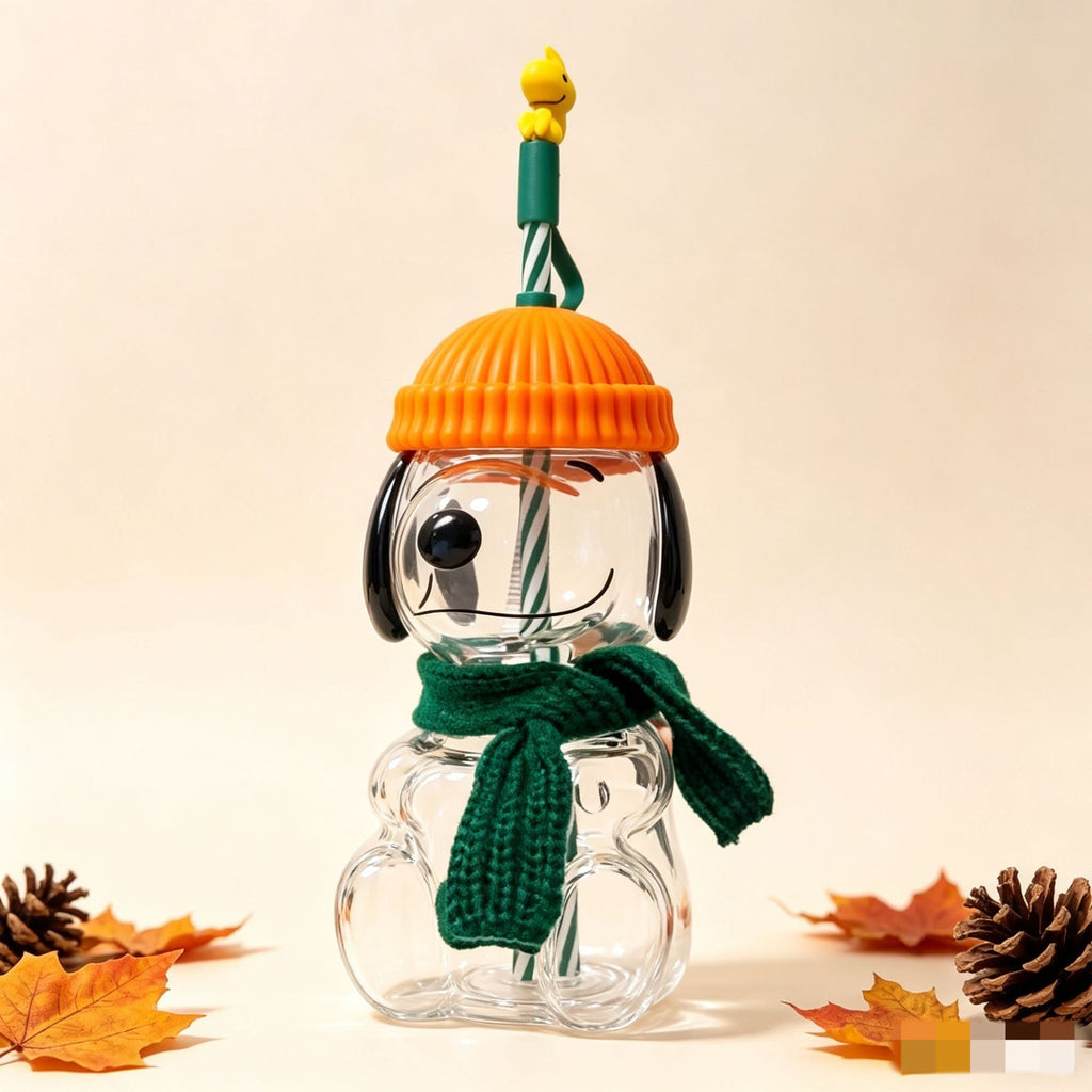 Cartoon Puppy Figurine Glass Tumbler with Straw – High Borosilicate Cup