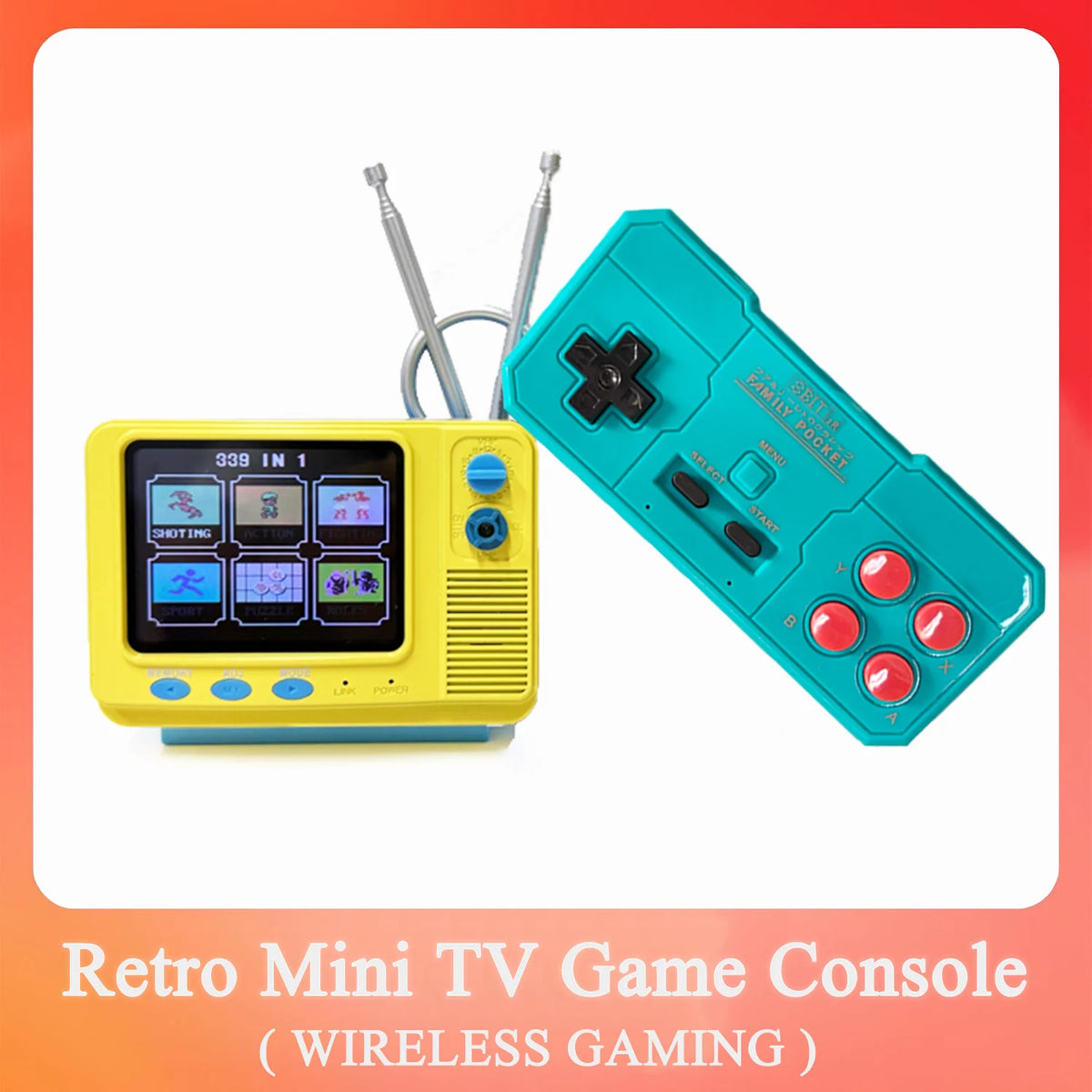 Retro Mini TV Game Console with Wireless Controller Built-in 339 Classic Games Handheld Game Player Support AV Output for Kids