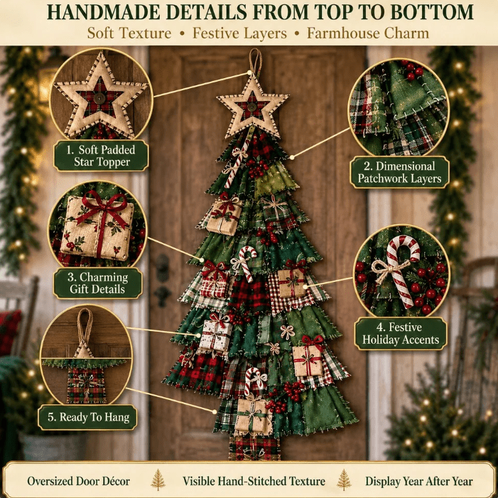 DIY Oversized Patchwork Christmas Tree Door Hanger Kit, 3D Fabric Sewing & Assembly Craft Kit for Adults, Holiday Home Wall & Entryway Decor