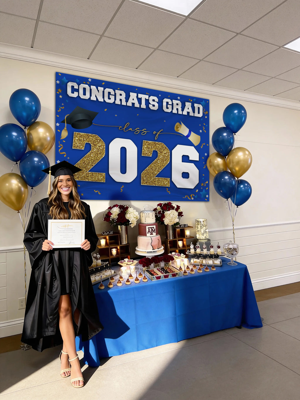 Class of 2026 Graduation Banner (47"x67") - Blue & Gold Congrats Grad Backdrop