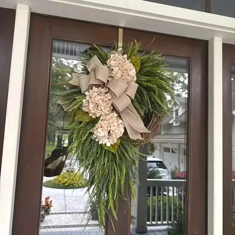 Rustic Bohemian Wreath (double-Sided Door Hanging) with Linen Bow & Greenery