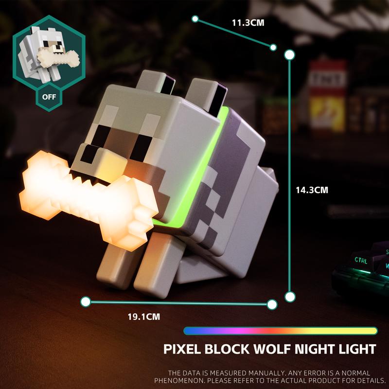 DIYCOM Pixel Wolf LED Night Light Game Style Wolf Lamp with Glowing Bone and RGB Collar Stylish Room Decor Christmas and New Year Gift Idea