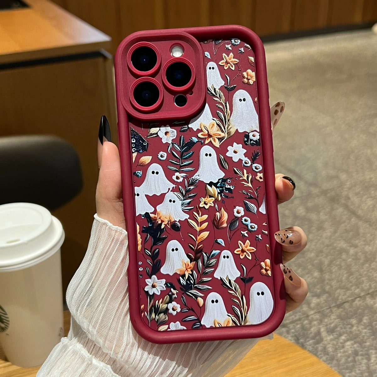 Halloween Cute Ghost Floral Phone Case for iPhone 17/16/15/14/13/12/11, Shockproof TPU Bumper with Durable Back Cover