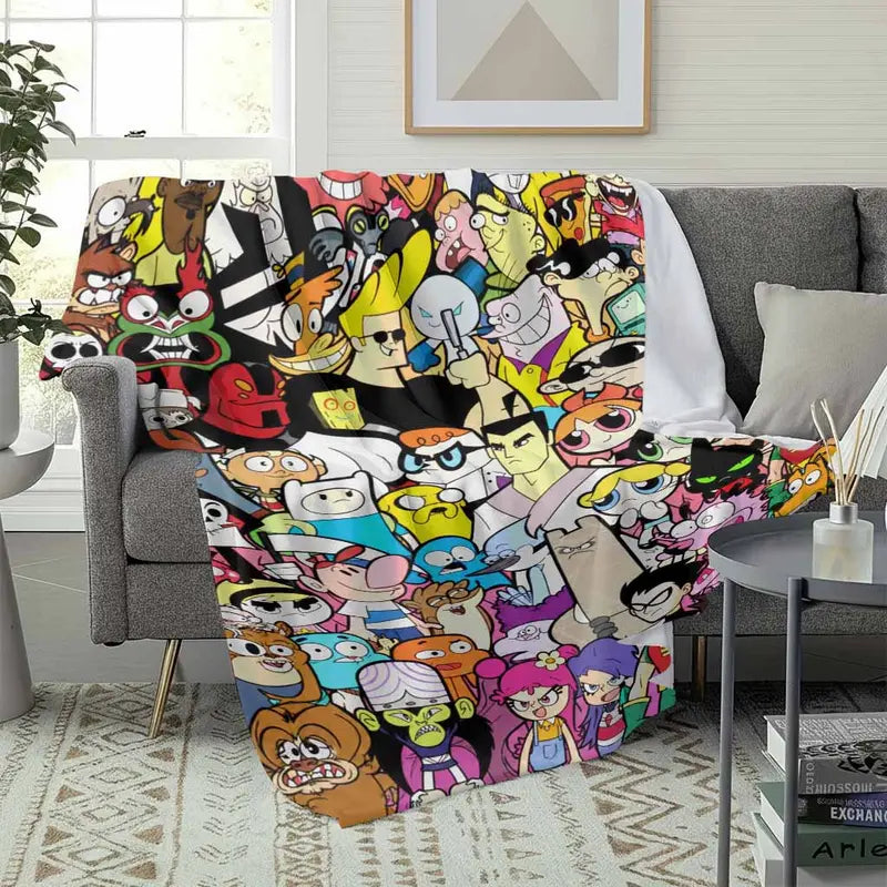 Retro Cartoon Character Flannel Blanket - Classic Animation Collage Print, Flannel Fabric, Multi-Size, Wrinkle Resistant, Anti-Pilling, Soft, Cozy, Lightweight, Durable Indoor/Outdoor Throw for Sofa, Bedroom, Gift Use, Home Office