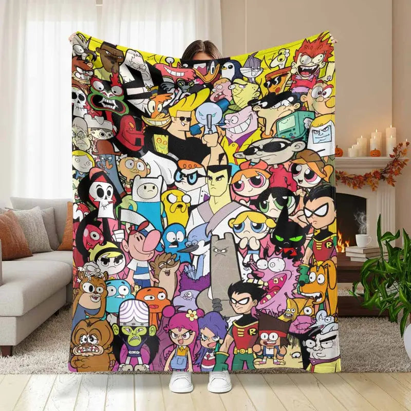 Retro Cartoon Character Flannel Blanket - Classic Animation Collage Print, Flannel Fabric, Multi-Size, Wrinkle Resistant, Anti-Pilling, Soft, Cozy, Lightweight, Durable Indoor/Outdoor Throw for Sofa, Bedroom, Gift Use, Home Office
