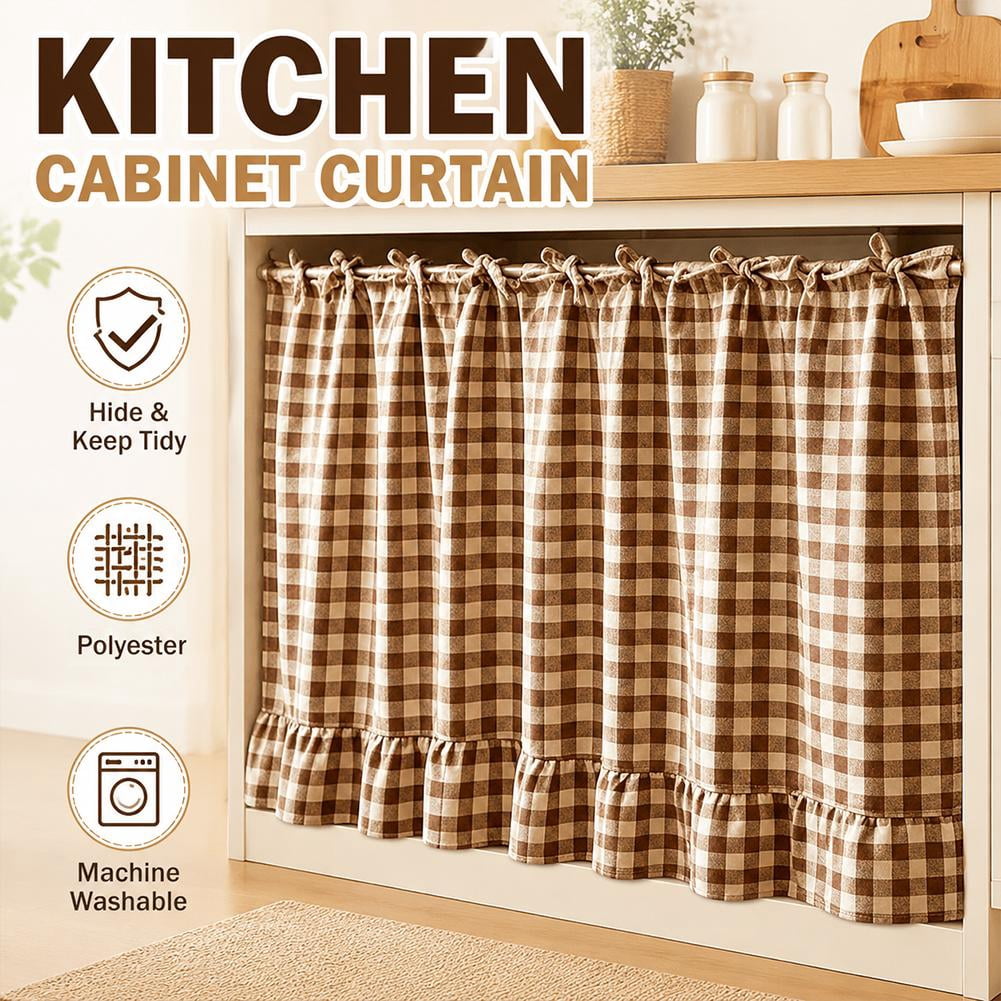 Cotton Linen Oven Skirt Curtain for Kitchen, Farmhouse Tie-Top Cabinet Curtain with Ruffles for Dishwasher, Sink & Stove Decor
