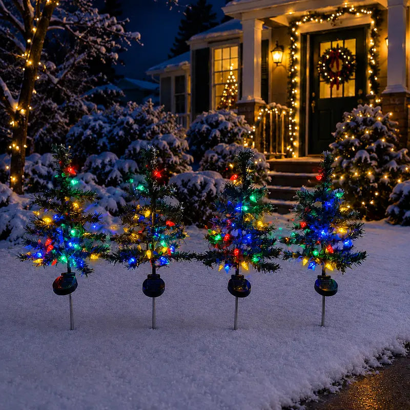 Solar Outdoor Lights, 4-Pack 27.6-Inch Pre-Lit Multicolor LED Christmas Tree Pathway Lights, Regular or Strawberry Light String Upgrade, Auto On/Off for Yard & Garden