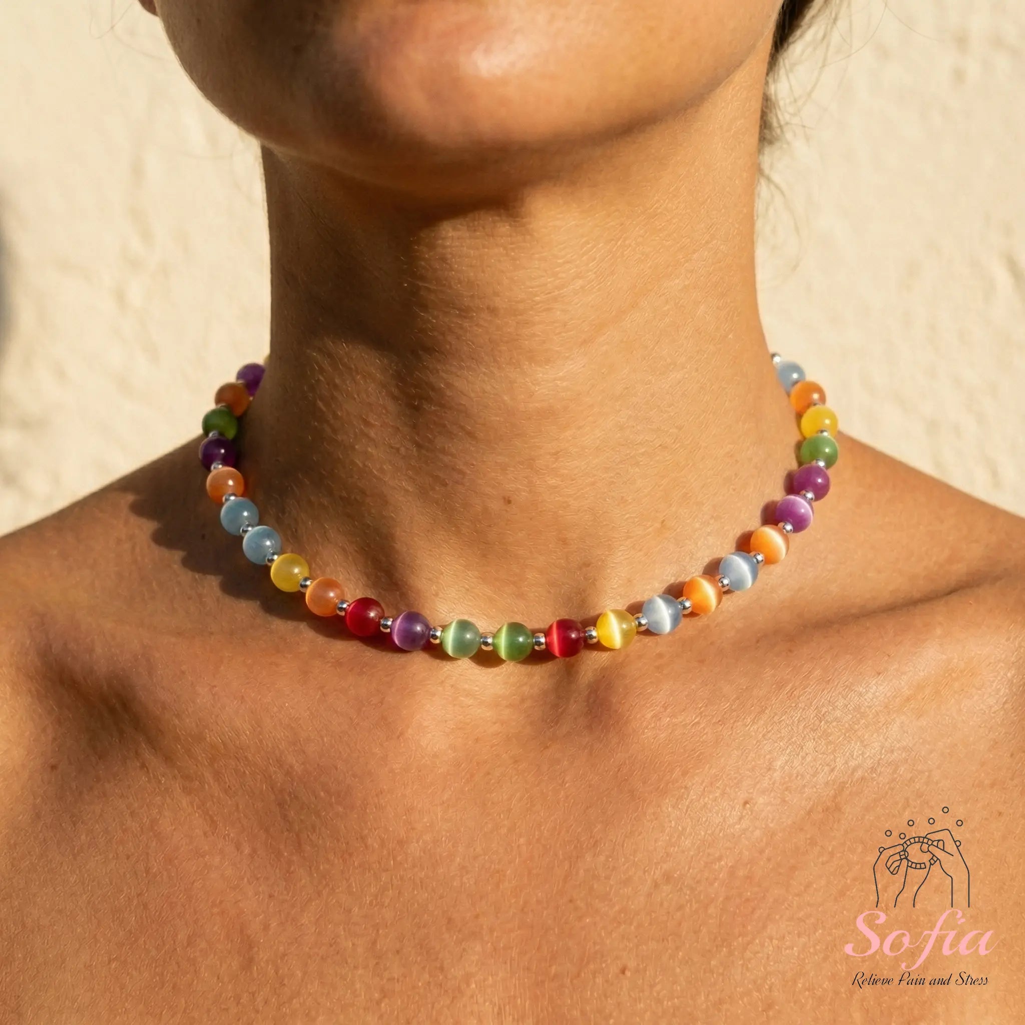 Sofia Dopamine Necklace - Rainbow Beaded Choker - UV Reactive Necklace Waterproof - Summer Jewelry Stainless Steel, Stackable