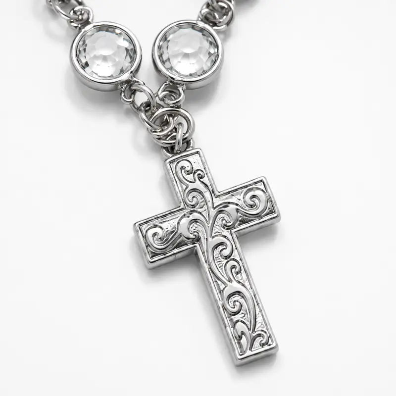 Faith-Inspired Crystal Cross Car Steering Wheel Charm, Silver Tone Beaded Hanging Ornament, Spiritual Blessing Symbol Auto Interior Decor, Meaningful Gift for Drivers
