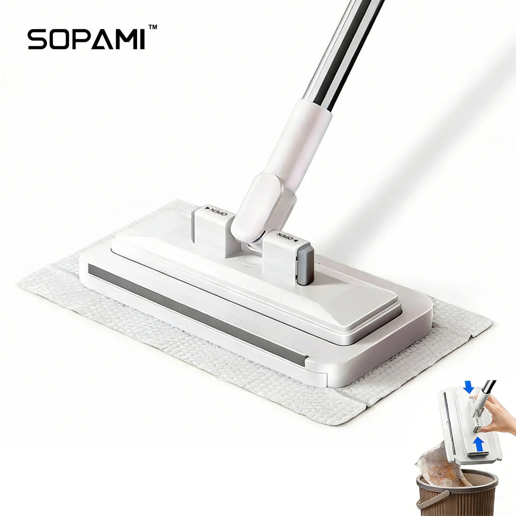 SOPAMI Disposable Mop, Hands-Free Floor Mop with Clamp, Dry Wet Use Dust Mop for Hardwood & Tile