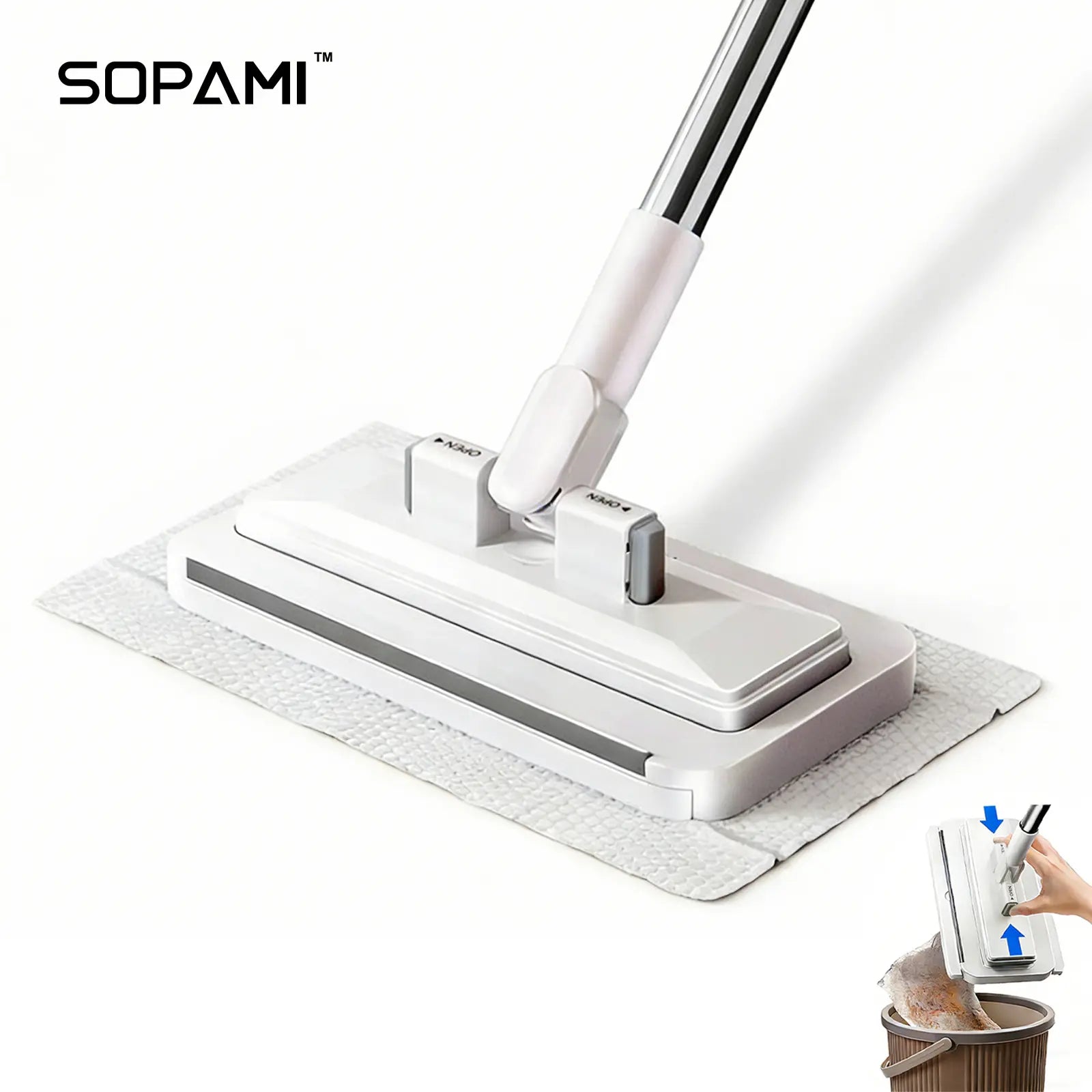 SOPAMI Disposable Mop, Hands-Free Floor Mop with Clamp, Dry Wet Use Dust Mop for Hardwood & Tile