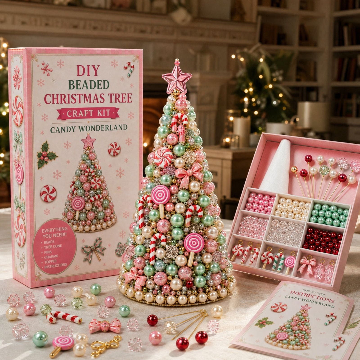 Jeweled Christmas Tree DIY Christmas Craft Christmas Decorations Beaded Christmas Tree 7.48IN All In One Handmade Christmas Table Decor Kit