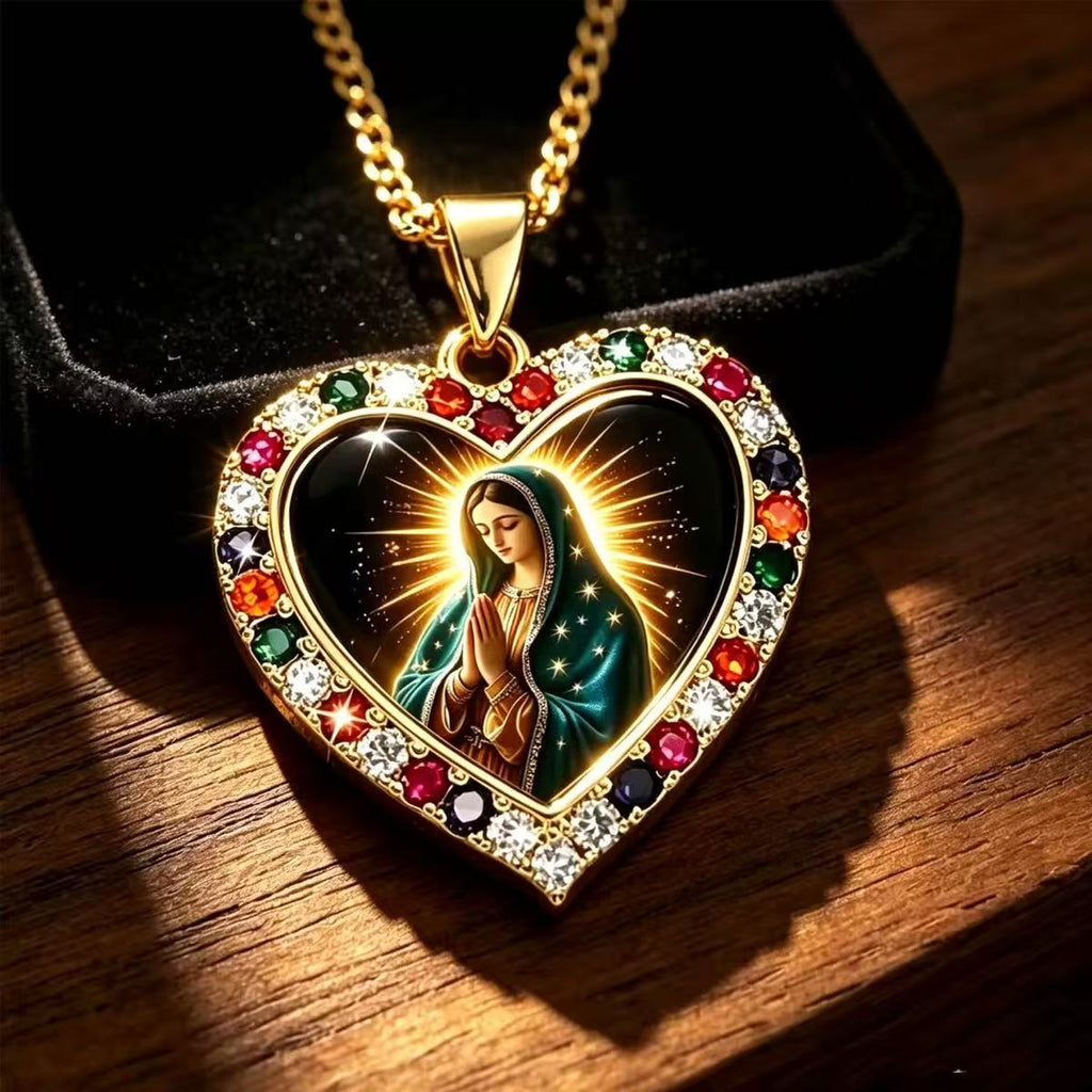 Our Lady of Guadalupe Heart Pendant Necklace, Gold-Tone Virgin Mary Catholic Jewelry, Religious Gift for Women
