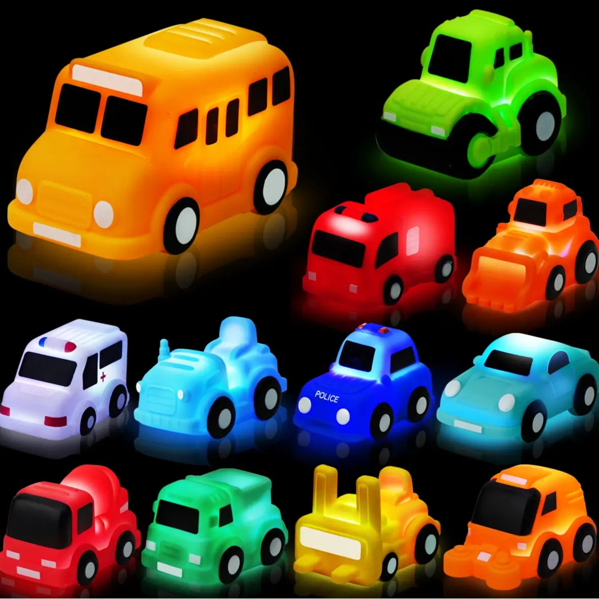 6PCS Bath Cars,Traffic Vehicles and Construction Vehicles, Light Up Bath Toy for Toddler,6 Pack Water Activated Flashing Colors Toys for Kids Bath Fun in the Tub,Bath Fun in Pool or Bathtub,On Beach