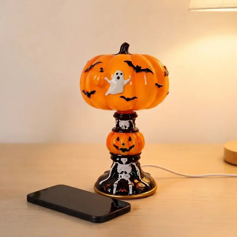 Retro Pumpkin Bat Pattern Single Desk Lamp - Vintage Glow Night Light, Nightstand-Compatible, Cozy Halloween Decor Gift, Whimsical Home Decor, Bedroom Lamp for Home Stylists