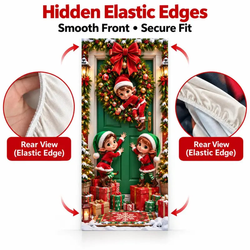 Christmas Door Cover - Santa & Reindeer Stretch Fabric Door Banner with 4-Side Elastic Edges, DIY Door Handle Cutout, Slip-On Front Door Holiday Decor