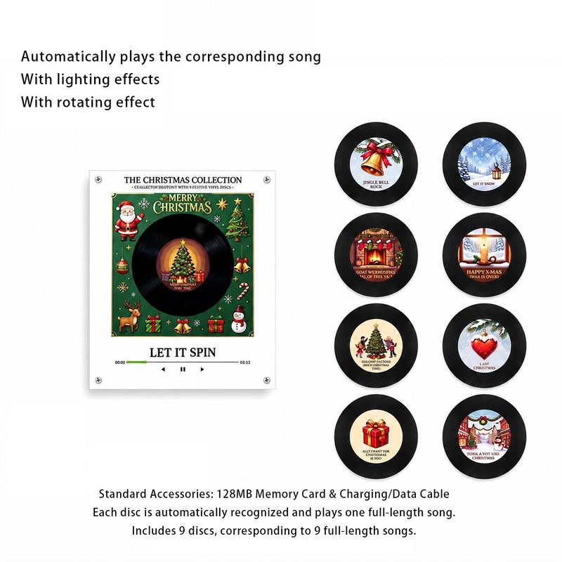 【Christmas Gift】Magnetic NFC Music Player with 9 Mini Vinyl Discs, Add Your Own Songs, Rotating Record Player with Light Effect, Unique Music Gift & Christmas Fridge Decor