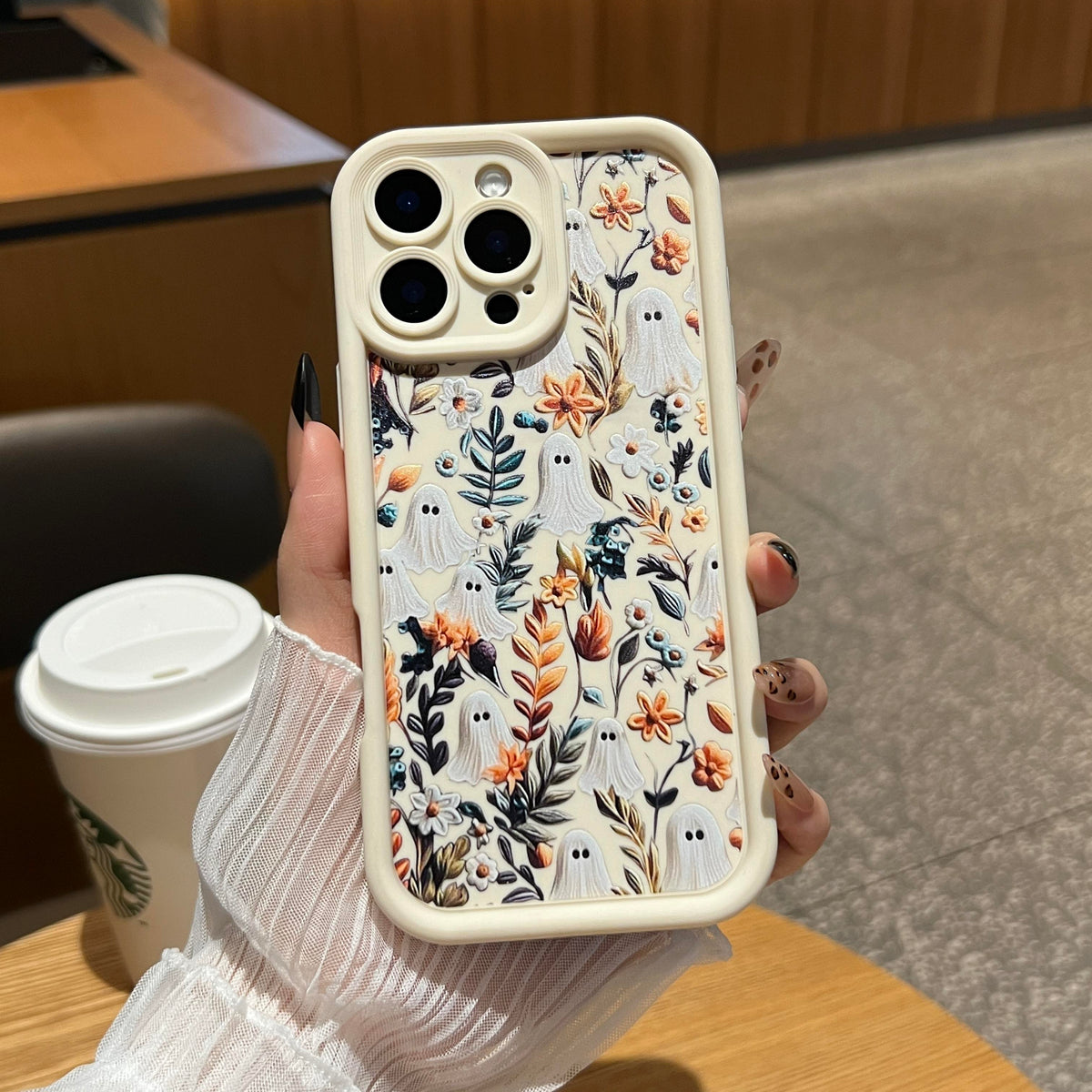 Halloween Cute Ghost Floral Phone Case for iPhone 17/16/15/14/13/12/11, Shockproof TPU Bumper with Durable Back Cover