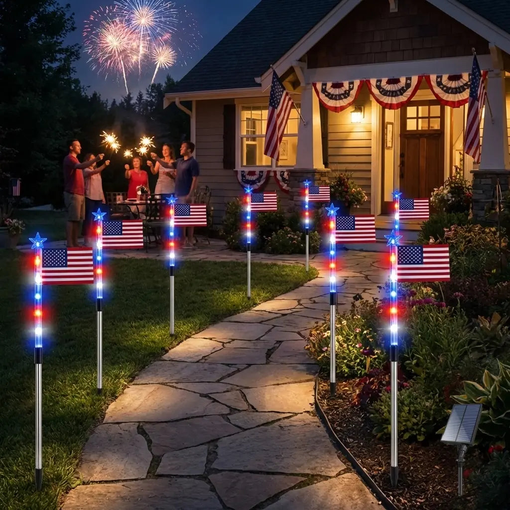 8-Piece Flag Light Set, 4th of July Decorations 8 Lighting Modes, 8-in-1 American Flag Solar Lights, Memorial Day Decorations Featuring Red, White, and Blue Lights for Independence Day Pathway Garden Decorations Yard Pathway
