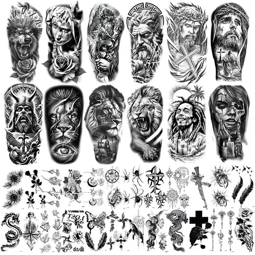 36 Sheets Realistic Temporary Tattoos - Large Half-Sleeve & Small Black Body Art