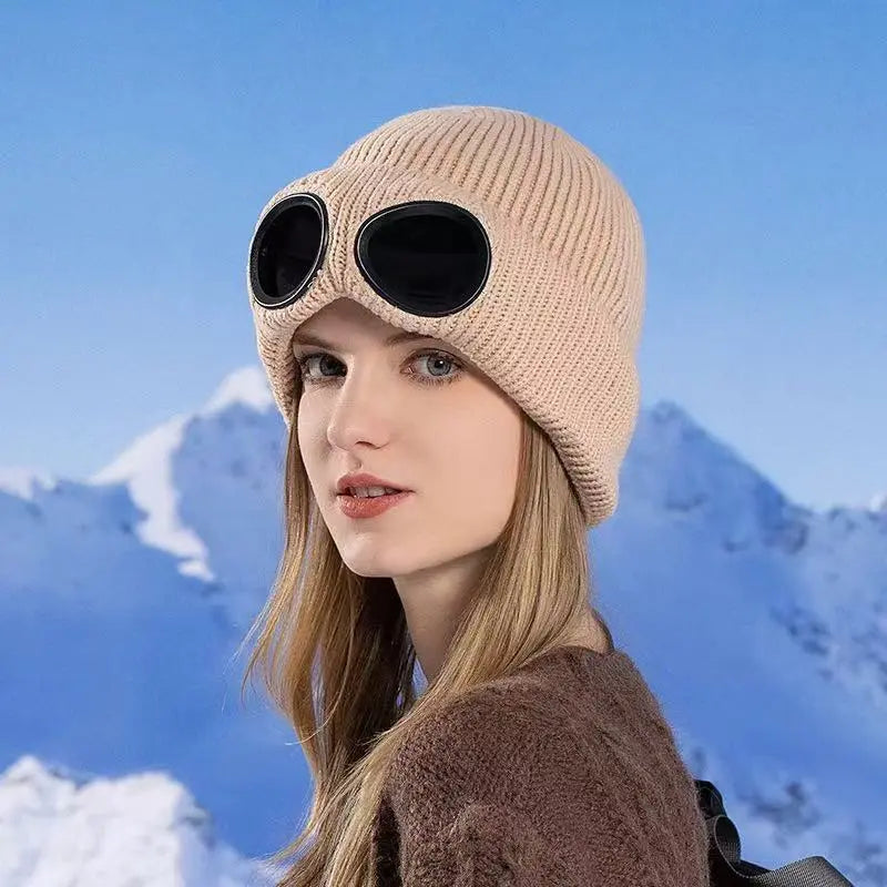 Unisex Solid Color Goggle Lens Design Beanie Hat - Casual Soft Comfortable Beanie for Fall & Winter, Fashion Accessories for Both Men & Women, Machine Washable Style Trendy SpringStatements Headwear tiktokshopspringglowup