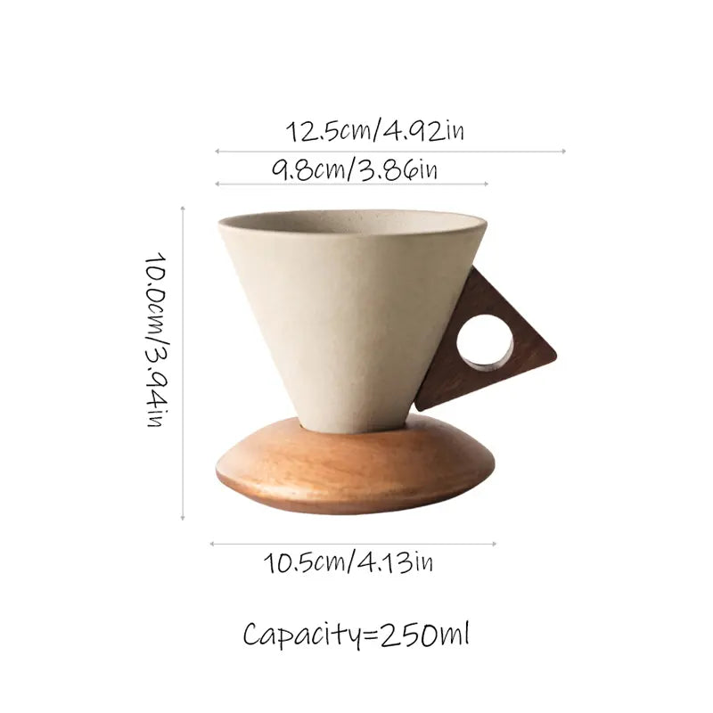 Wabisabi Conical Ceramic Coffee Cup with Acacia Wood Base