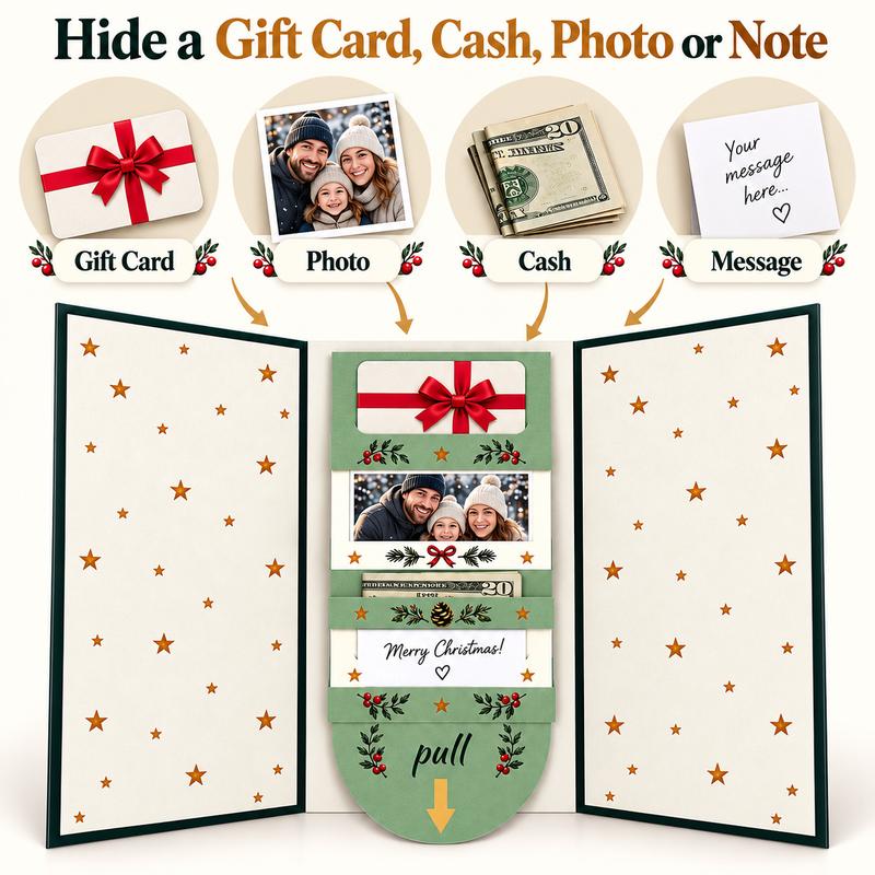 DIY Pull-Out Christmas Card with Hidden Messages, Insert Your Own Gift Card & Photos, Fun Sliding Surprise Card for Holiday Gifts, Friends & Family