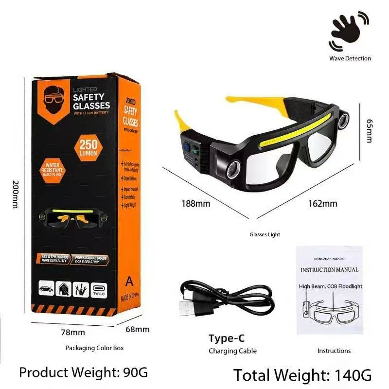 Rechargeable LED Headlamp Glasses with Motion Sensor, 5 Lighting Modes, USB-C Charging & Dual Spotlights for Camping and Auto Repair