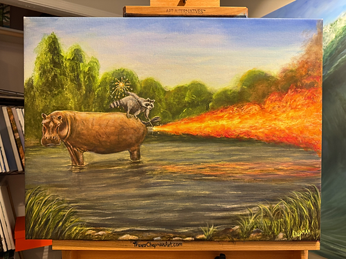 Capybara milking cows defend from hippo fart  ,”Hippo fart embellished canvas print.