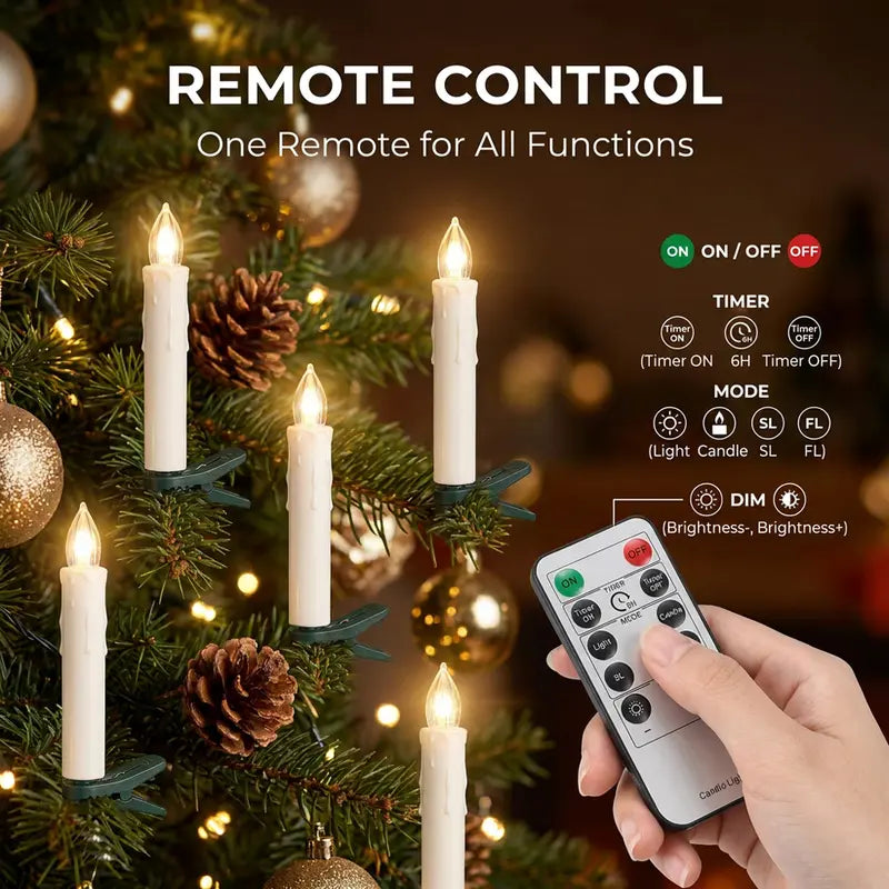 10-Pack LED Flameless Clip Candle Lights with Remote, Dimmable Flickering & Steady Modes, Timer, Christmas Tree Candles for Wreath, Mantel & Holiday Decor
