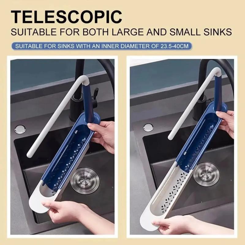 Adjustable Under-Sink Storage Rack, Thick PP Telescopic Organizer with Hanging Rod & Drain Holes for Kitchen Bathroom