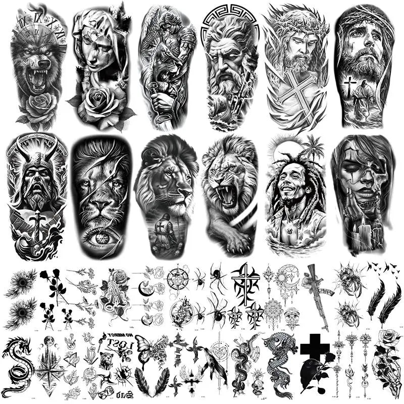36 Sheets Realistic Temporary Tattoos - Large Half-Sleeve & Small Black Body Art