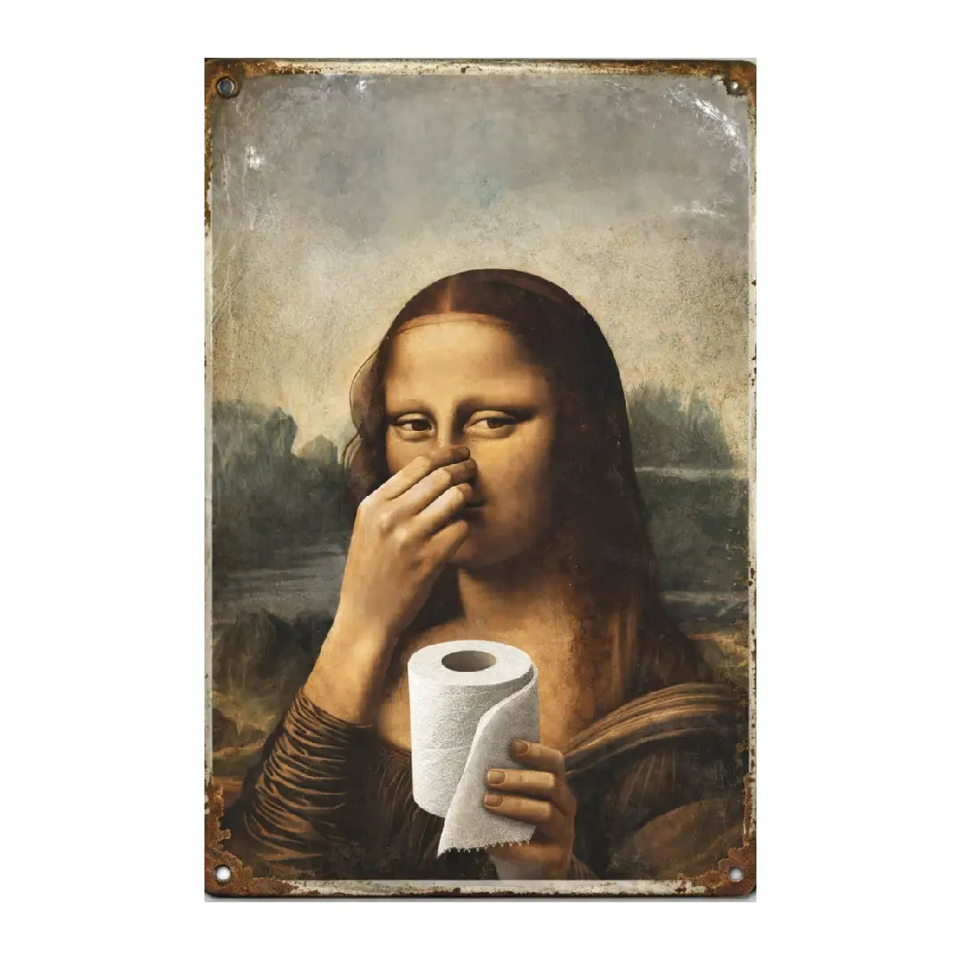 Funny Mona Lisa Metal Sign | Vintage Nose-Pinching Bathroom Decor (8x12")