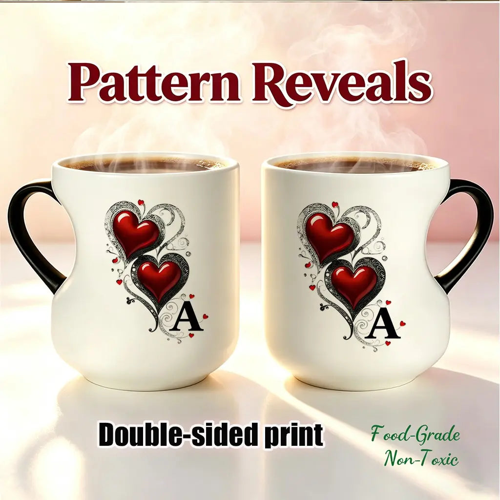 Personalized Heat-Changing Ceramic Mug, 11 oz Color-Changing Coffee Cup with A-Z Initial Letter & Heart-Shaped Handle, Custom Gift