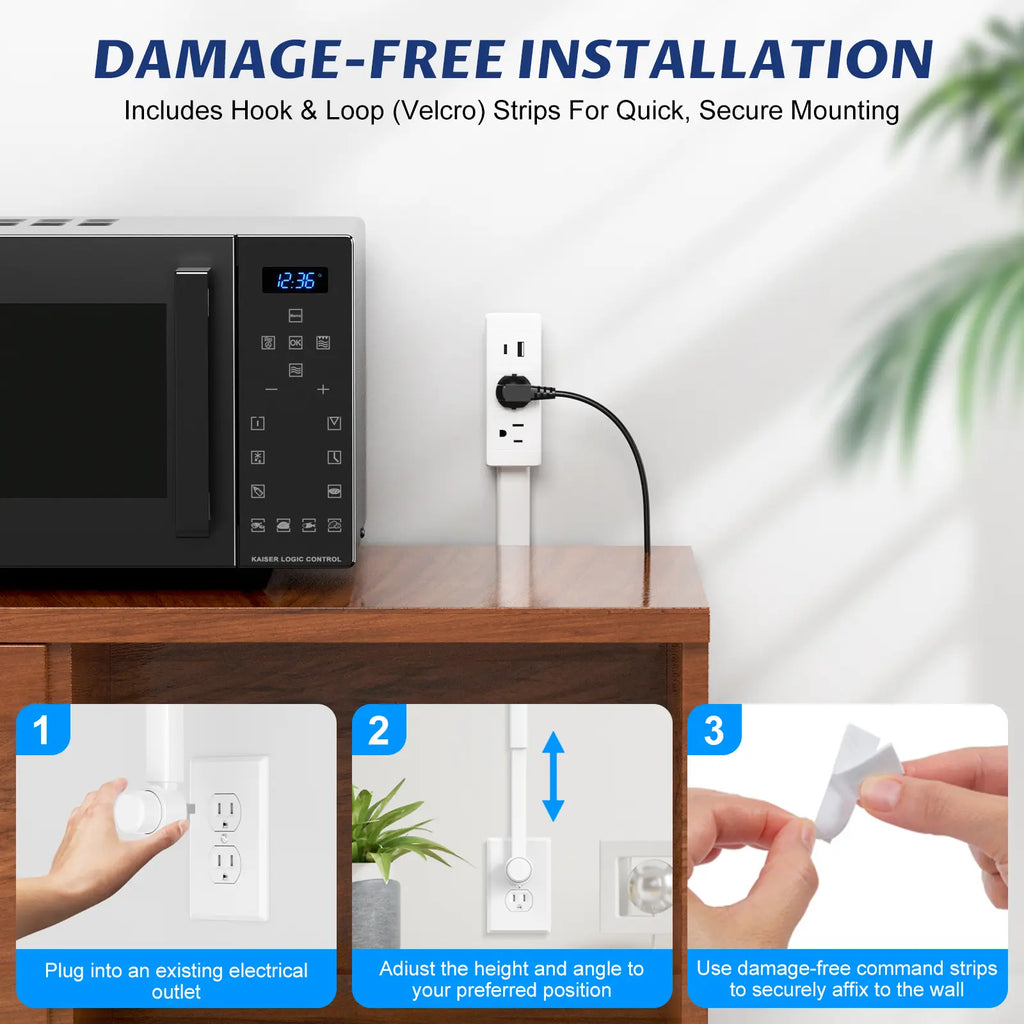 【100% FIRE-SAFE】EAZY Outlet Extender – Prevents Fire Hazards, Extendable 18"-28" Featuring USB-C, USB-A & 2 AC Outlets, 180° Rotating Plug Adapter for Hard-to-Reach Sockets Behind Furniture