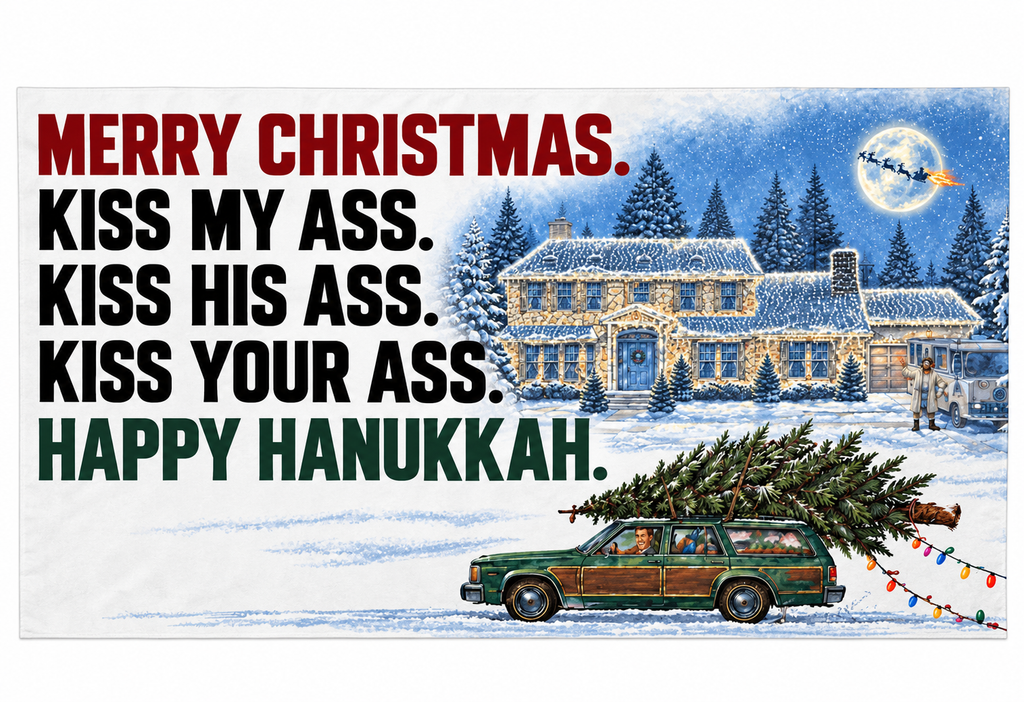Funny Christmas Flag – Merry Christmas Happy Hanukkah Holiday Quote Banner, Single-Sided with Metal Grommets, Snowy House RV Station Wagon Design, Xmas Porch Yard Garage Wall Decor, Holiday Party Decoration, Funny Gift for Adults, Winter Decor