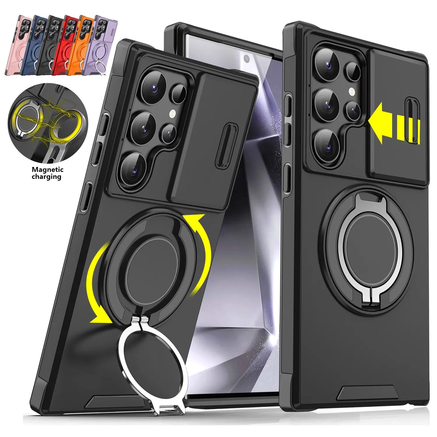OREKROY Shockproof Magnetic Case with Slide Camera Lens Protector For Samsung Galaxy