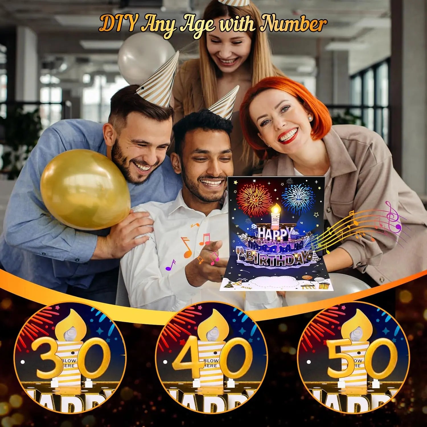Interactive Birthday Pop-Up Card with 3D Cake, Fireworks, Lights & Music, Blow-Out LED Candle, DIY Age Numbers, Black and Gold Birthday Card for Men & Women