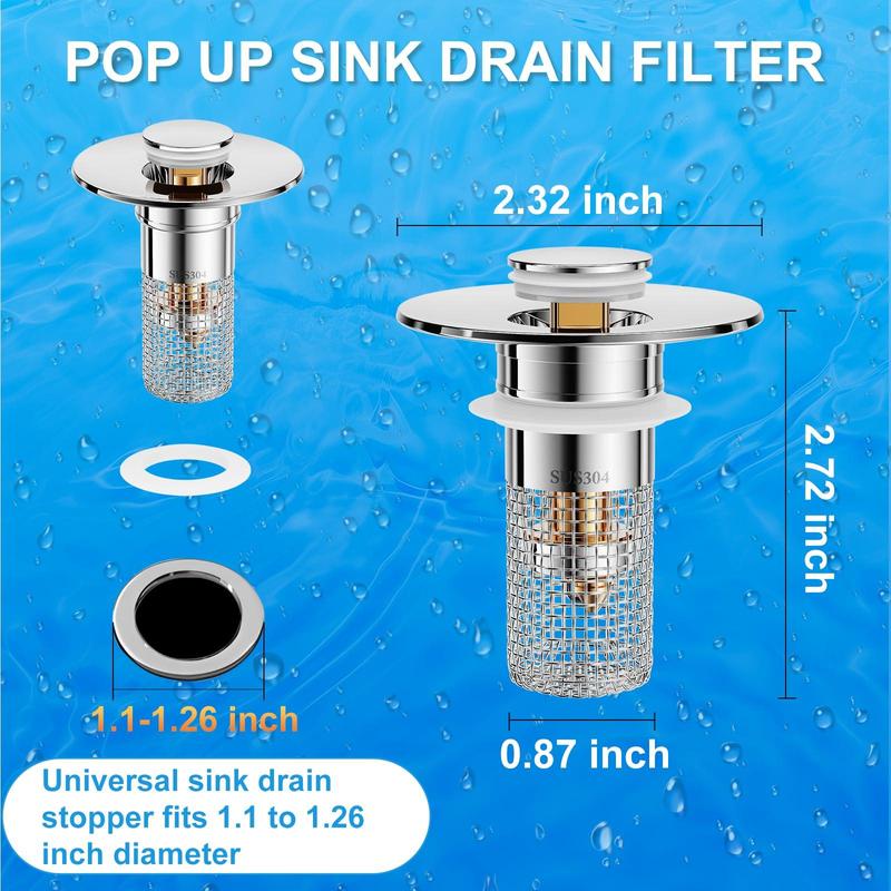 Sink Drain Filter with Stainless Steel Removable Basket, Pop-Up Drain Plug with Hair Collection Design, Bathroom Bathtub Drain Strainer for Preventing Blockages and Simplifying Maintenance
