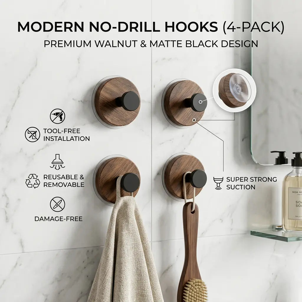 Walnut Wood Suction Cup Hooks (4 Pack) - No-Drill Heavy Duty Towel Hooks