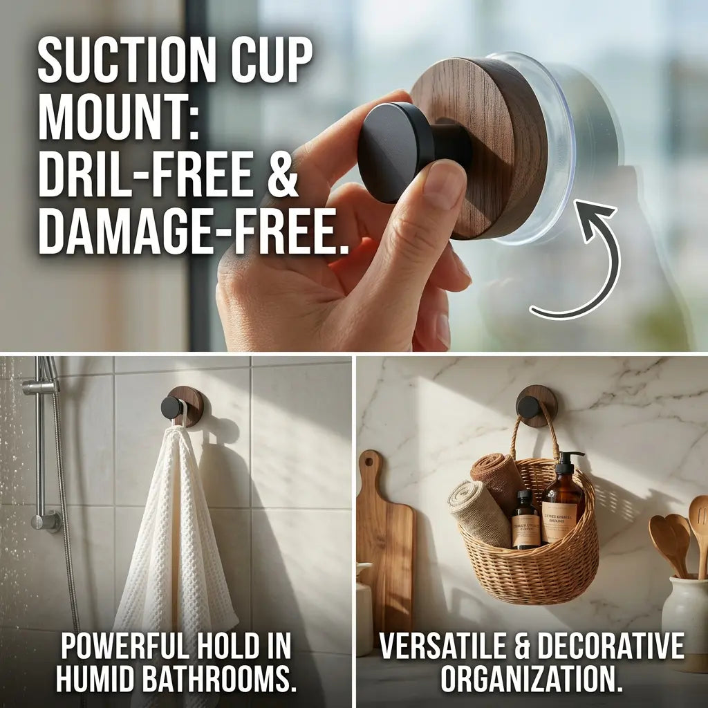 Walnut Wood Suction Cup Hooks (4 Pack) - No-Drill Heavy Duty Towel Hooks