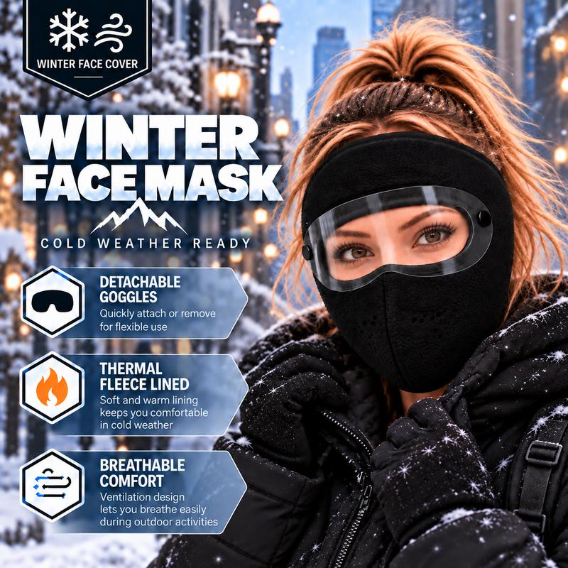 Winter Face Mask with Detachable Goggles, Windproof Thermal Fleece Lined Full Face Cover for Men and Women, Breathable Cold Weather Protection for Outdoor Cycling Motorcycle Riding Skiing Snowboard rider Windproof face covers & mask headwear sport