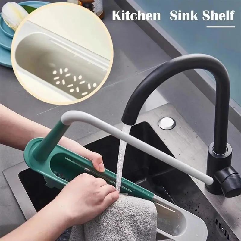 Adjustable Under-Sink Storage Rack, Thick PP Telescopic Organizer with Hanging Rod & Drain Holes for Kitchen Bathroom