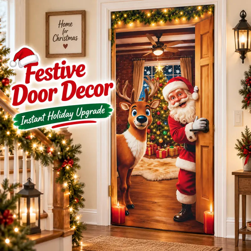 Christmas Door Cover - Santa & Reindeer Stretch Fabric Door Banner with 4-Side Elastic Edges, DIY Door Handle Cutout, Slip-On Front Door Holiday Decor