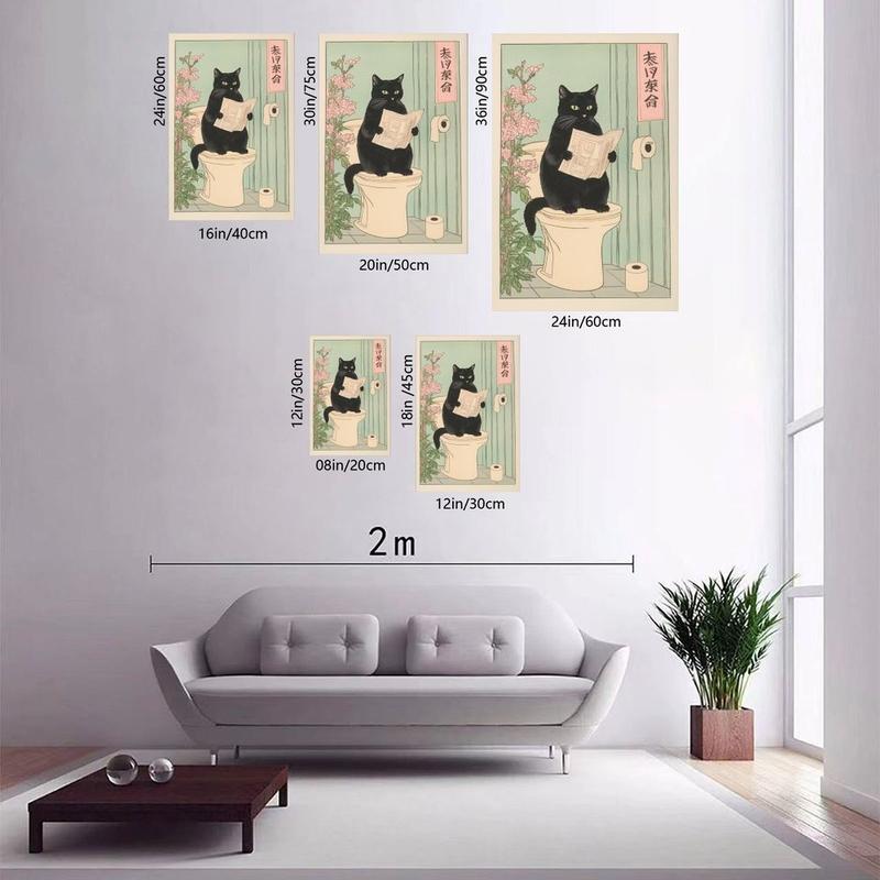 Japanese Black Cat on A Toilet Poster, Funny Bathroom Print, Toilet Poster, Japan Cat Wall Art, Aesthetic Minimalism, Neutral Japandi Print